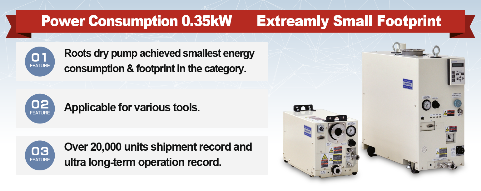 功耗0.35kW。占地面积极小。罗茨干泵在同类产品中实现了最小的能耗和占地面积。适用于各种工具的02。最适合清洁泵送，如L/L和输送室等。