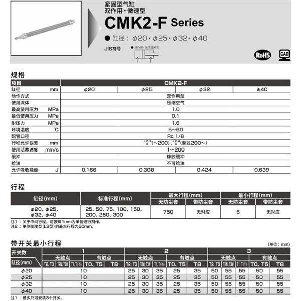 CKD喜开理紧固型气缸CMK2-F-CC-40-100-T0H-R-MI