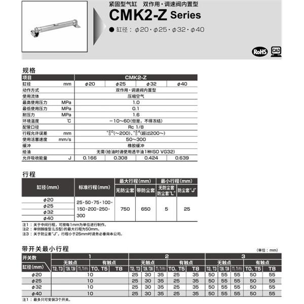 CKD喜开理紧固型气缸CMK2-Z-FA-25-100-T0H-R-JI