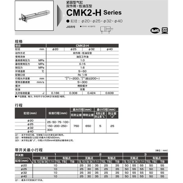 CKD喜开理紧固型气缸CMK2-H-TB-32-100-T0H-R-JI