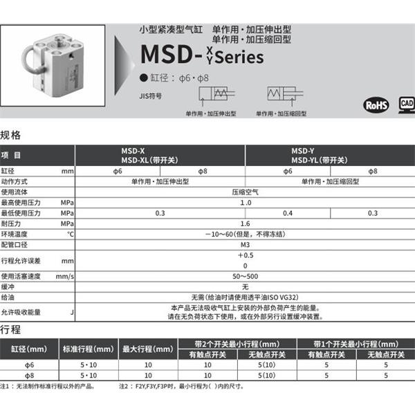CKD喜开理小型带线性导轨紧凑型气缸MSD-X-6-10-R