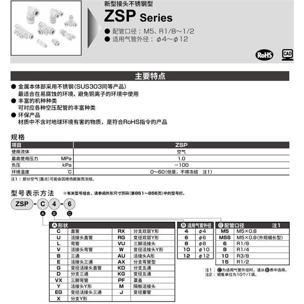 CKD喜开理新型接头 不锈钢型ZSP-RG4-6
