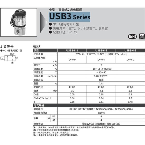 CKD喜开理多种流体小型直动式2通电磁阀USB3-6-2-B-DC24V
