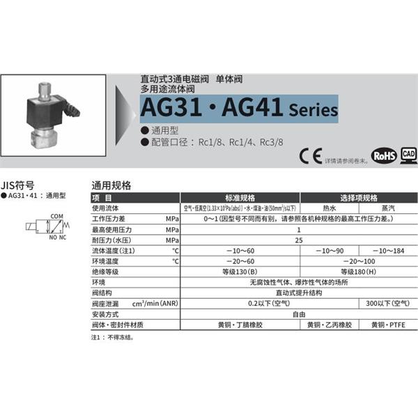 CKD喜开理多种流体直动式2通电磁集成阀AG41-01-1-AC100V