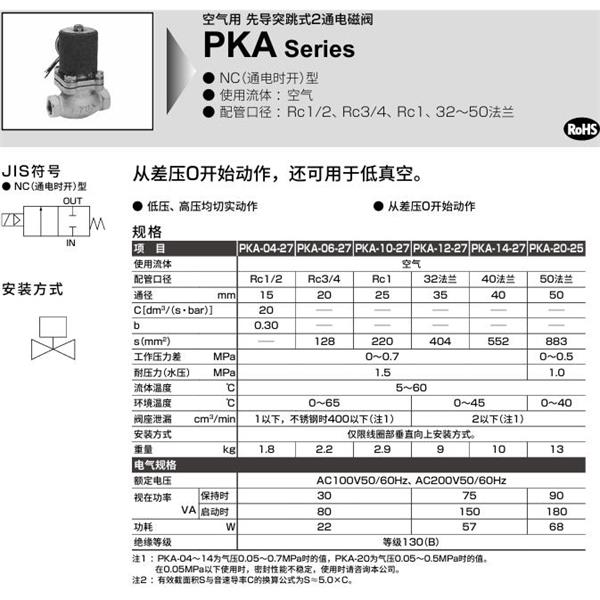 CKD喜开理空气用先导突跳式2通电磁阀PKA-10-27-C-AC100V