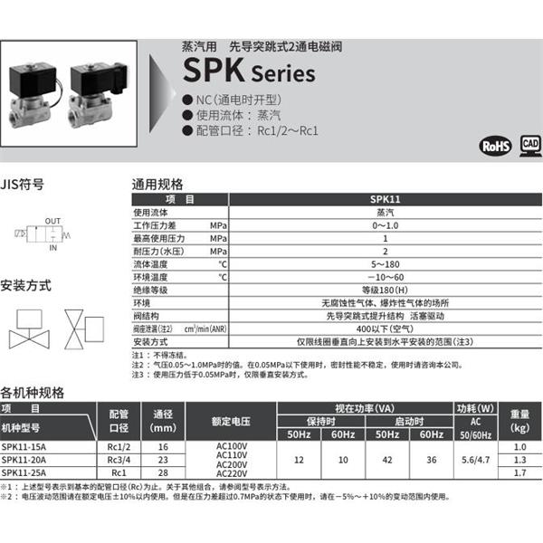 CKD喜开理蒸汽用先导突跳式2通电磁阀SPK11-15A-F4A-AC100V