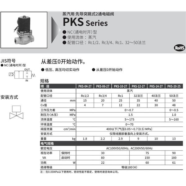 CKD喜开理蒸汽用先导突跳式2通电磁阀PKS-04-27-AC200V