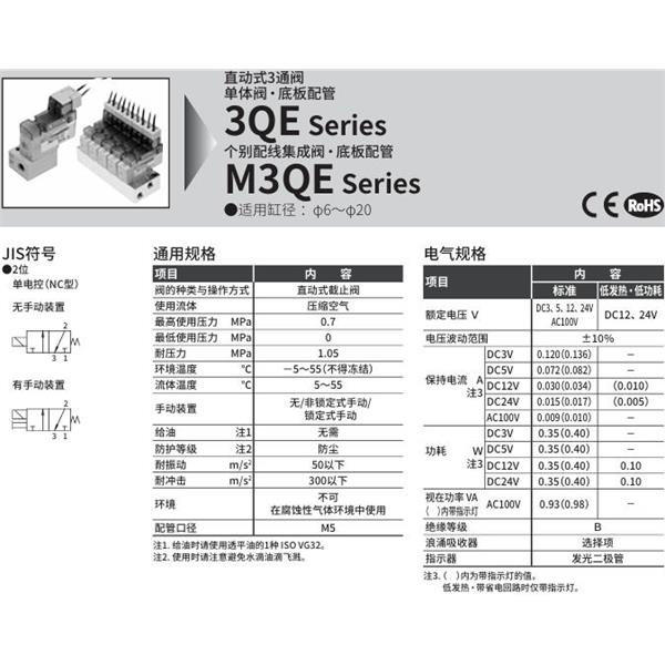 CKD喜开理直动式3通电磁阀3QE110-M5-ME0A-1