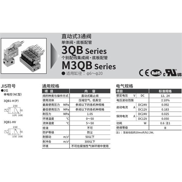 CKD喜开理直动式3通电磁阀M3QB180-M5-D22HV-20-4