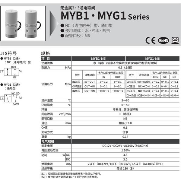 CKD喜开理无金属2・3通电磁阀MYG2-6-AC100V