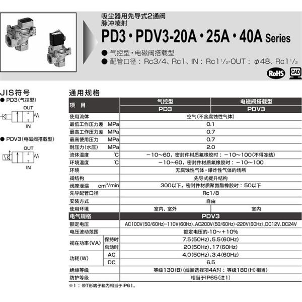 CKD喜开理脉冲喷射阀PDV3-25A-2CS-AC100V