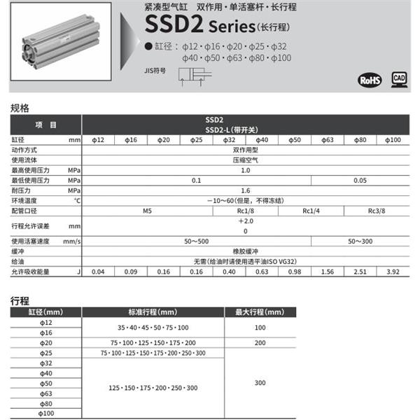 CKD喜开理紧凑型气缸SSD2-L-200-100-T0H-R-N