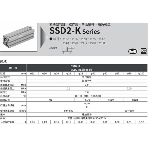 CKD喜开理紧凑型气缸SSD2-K-100-10-N-LB-I
