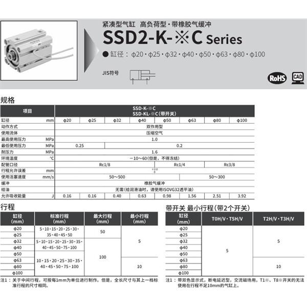 CKD喜开理紧凑型气缸SSD2-K-63C-10-N-LB-I