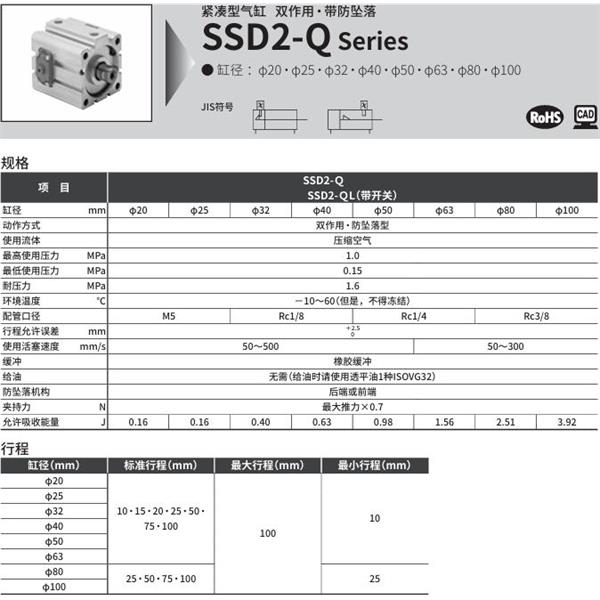 CKD喜开理紧凑型气缸SSD2-Q-63-10-R-NM0-LB-I