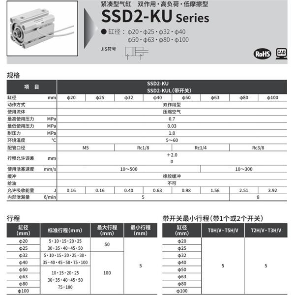 CKD喜开理紧凑型气缸SSD2-KU-20-10-N-LB-I