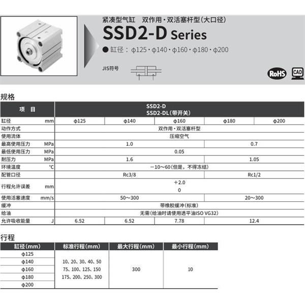 CKD喜开理紧凑型气缸SSD2-D-180-50-N