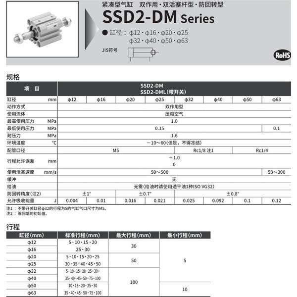 CKD喜开理紧凑型气缸 SSD2-DM-40-5-N-LB-I
