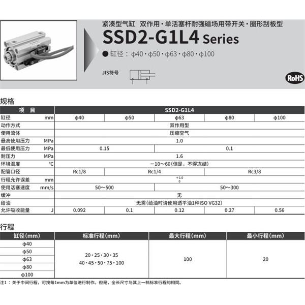 CKD喜开理紧凑型气缸SSD2-G1L4-100-40-V0-D-N-LB-I