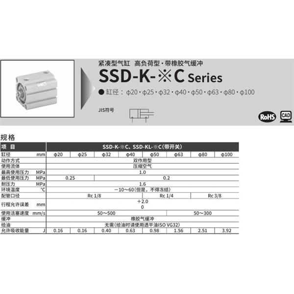 CKD喜开理超级紧凑型气缸SSD-KL-25C-10-T0H-R-N-LB-I