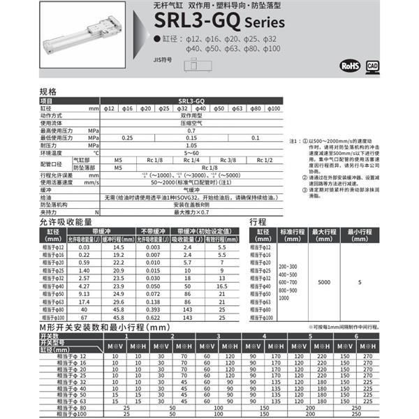 CKD喜开理超级无杆气缸SRL3-GQ-LB1-50B-200-M0H-R-B