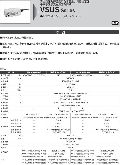 CKD喜开理带数字显示真空用压力开关VSUS-PW-M5